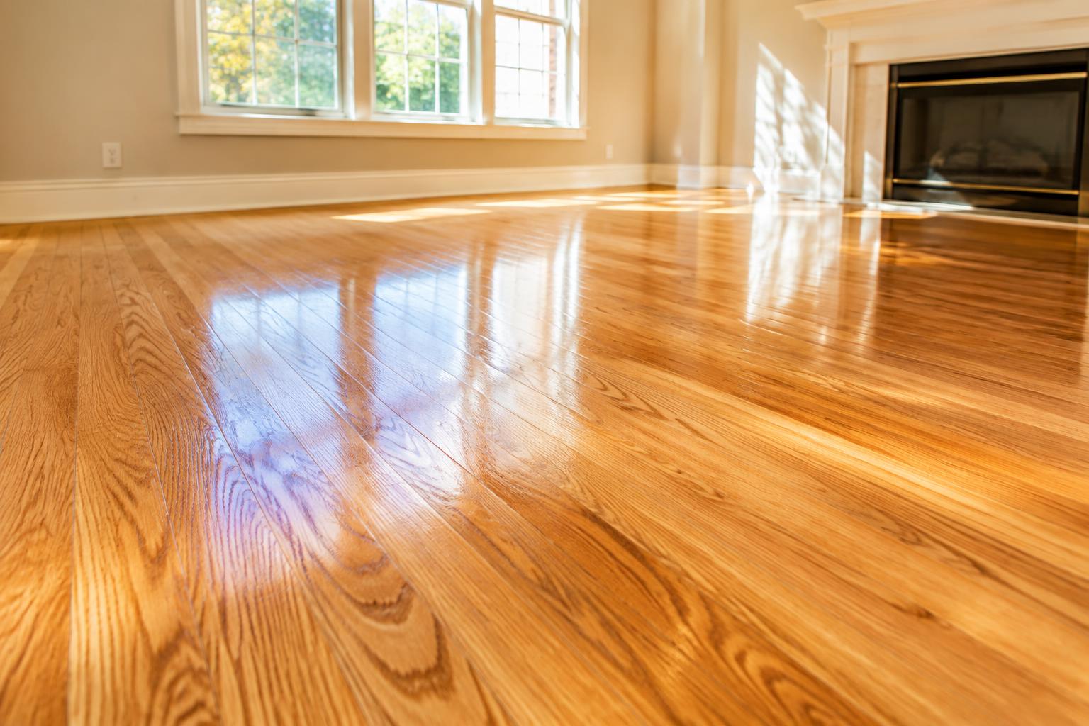 Freshly refinished hardwood floor in a bright finished interior