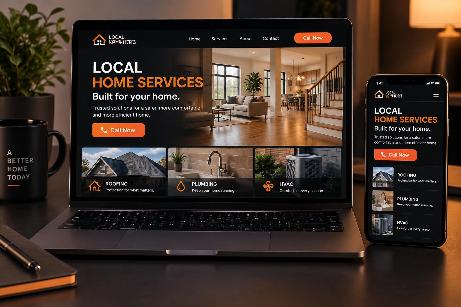 Laptop and phone showing a local home services website with hardwood interiors, roofing, plumbing, and HVAC services